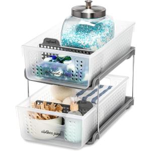 imageMadesmart 2Tier Organizer MultiPurpose SlideOut Storage with Handles and Dividers for Home and Bath BPA Free Pack of 1 CarbonFrost