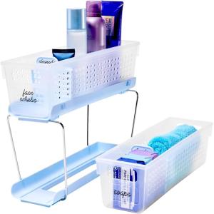 imageMadesmart 2Tier Plastic Mini Multipurpose Organizer with Divided SlideOut Storage Bins Compact Under Sink and Cabinet Organizer Rack FrostBlue