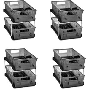 imagemadesmart Antimicrobial 2Tier Organizer MultiPurpose SlideOut Storage with Handles and Dividers for Home and Bath Frost Pack of 4Premium Carbon
