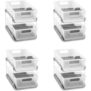 imagemadesmart Antimicrobial 2Tier Organizer MultiPurpose SlideOut Storage with Handles and Dividers for Home and Bath Frost Pack of 4Premium Frost
