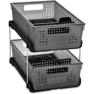 imagemadesmart Antimicrobial 2Tier Organizer MultiPurpose SlideOut Storage with Handles and Dividers for Home and Bath Pack of 1 Carbon1Pack